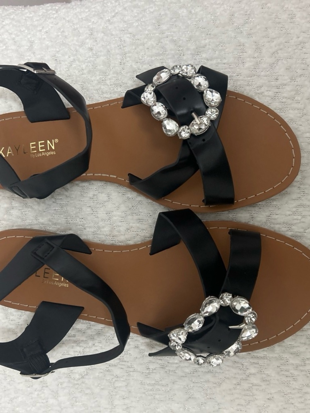 KAYLEEN By Los Angeles Black Crystal Buckle Strappy Sandals